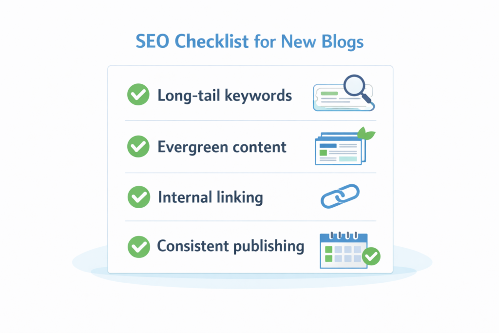 New blog SEO strategy checklist showing long-tail keywords, evergreen content, internal links, and consistent publishing