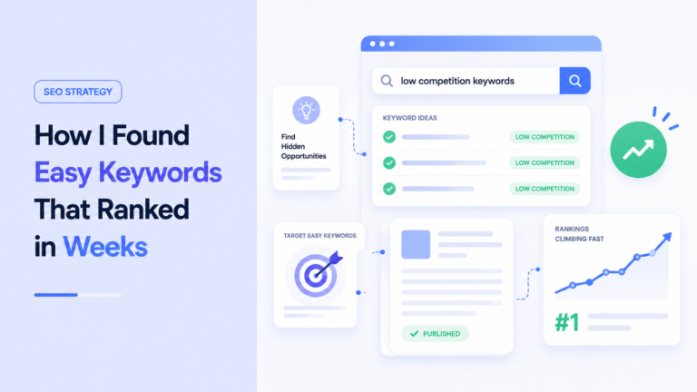 Illustration showing keyword research for a niche blog with Google search results, long-tail keywords, autocomplete suggestions, and low competition opportunities.