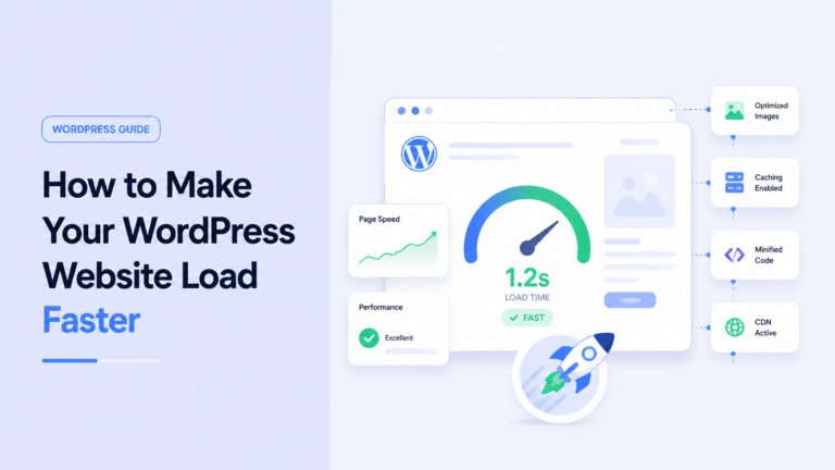 Illustration showing WordPress website speed optimization with caching, image compression, CDN, and performance improvements.