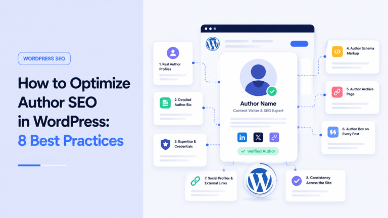 Illustration showing WordPress author SEO with an author profile, schema markup, author archive page, and trust signals.