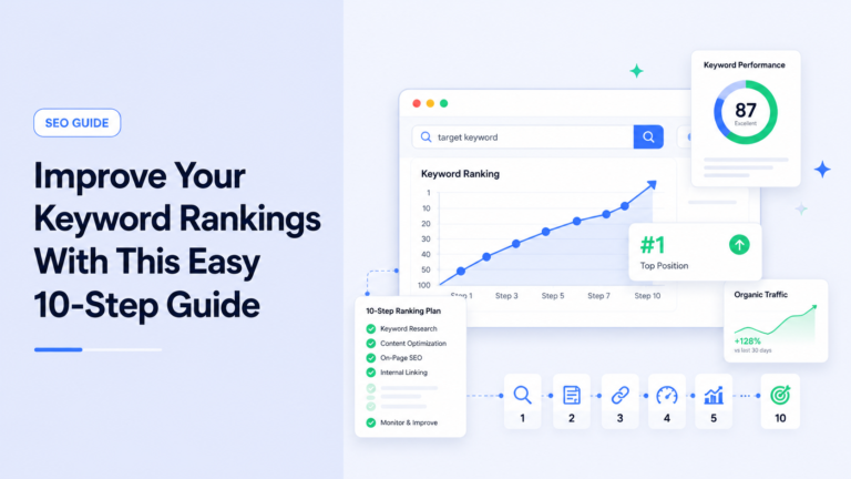 Illustration showing a step-by-step process to improve Google keyword rankings using SEO optimization techniques.